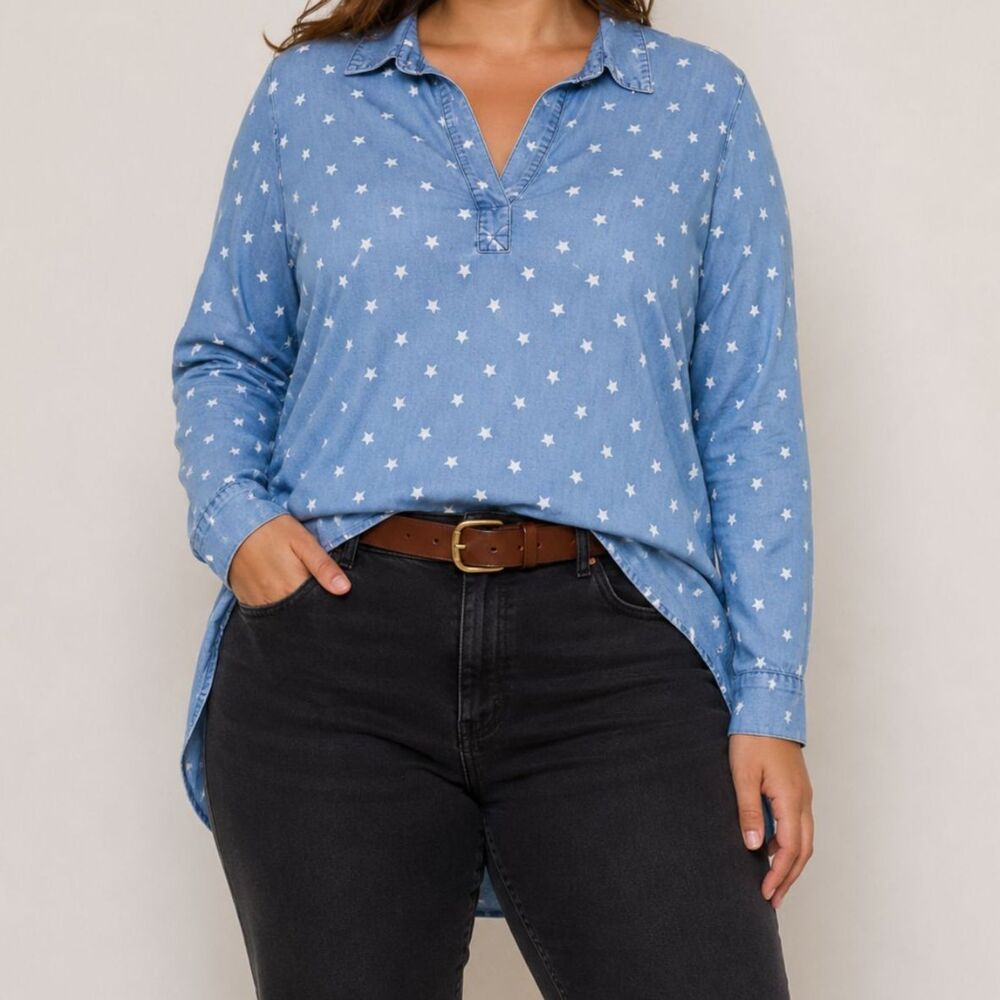 Blue Star Print High Low Tunic Top Size 3X